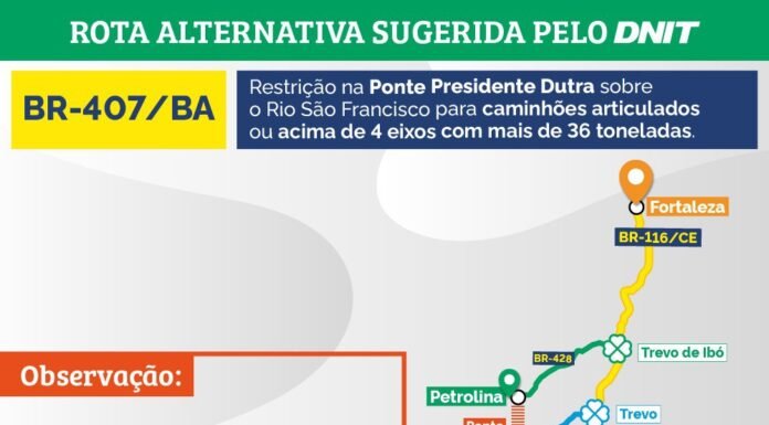 DNIT alerta para restrição de tráfego na Travessia Urbana de Juazeiro, na Bahia, a partir de segunda-feira (15)